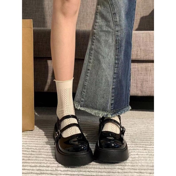 💞Màu Đen 💞Giày Mary Jane Da Mũi Tròn Đế Dày Phong Cách Thời Trang Mùa Hè 2023 HZFWS4166