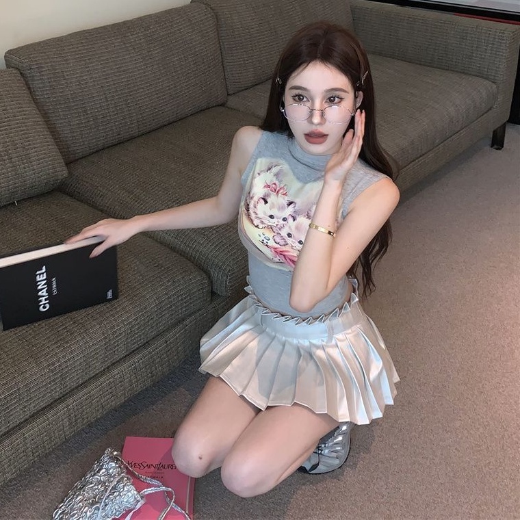 Cozok Áo Sát Nách Dáng Ôm Cổ Bán Nguyệt in Họa Tiết Chú Mèo Thời Trang Quyến Rũ Cho Nữ