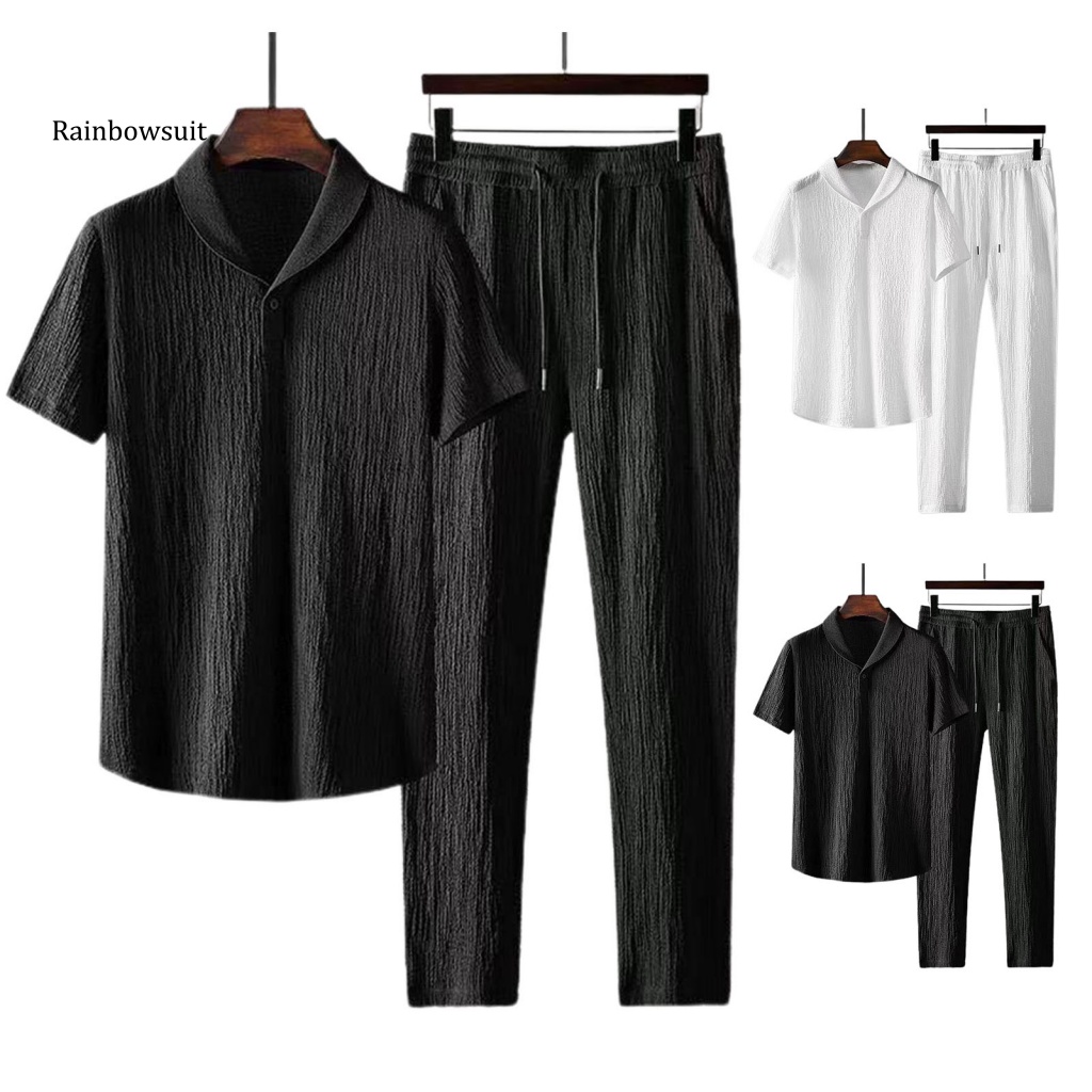 Bộ Trang Phục 2 Mảnh Gồm Áo Tay Ngắn Cổ Bẻ + Quần Dài Dây Rút Xếp Ly Co Giãn Thời Trang Cho Nam