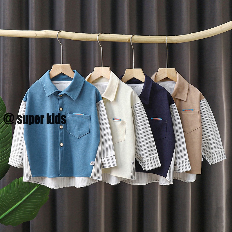 SUPER KIDS Áo Sơ Mi Tay Dài Thời Trang Cá Tính Cho Bé Trai bộ quần áo bé trai