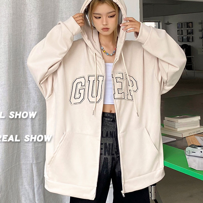 Áo khoác hoodie XIANG NIAN NI lông cừu dày dáng rộng tay dài phong cách Hàn Quốc thời trang thu đông cho học sinh