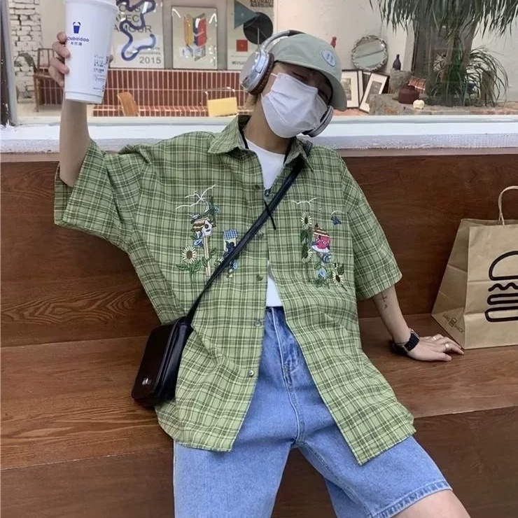 Áo Sơ Mi Nam Dáng Rộng Họa Tiết Caro Thời Trang Phong Cách Hàn Quốc