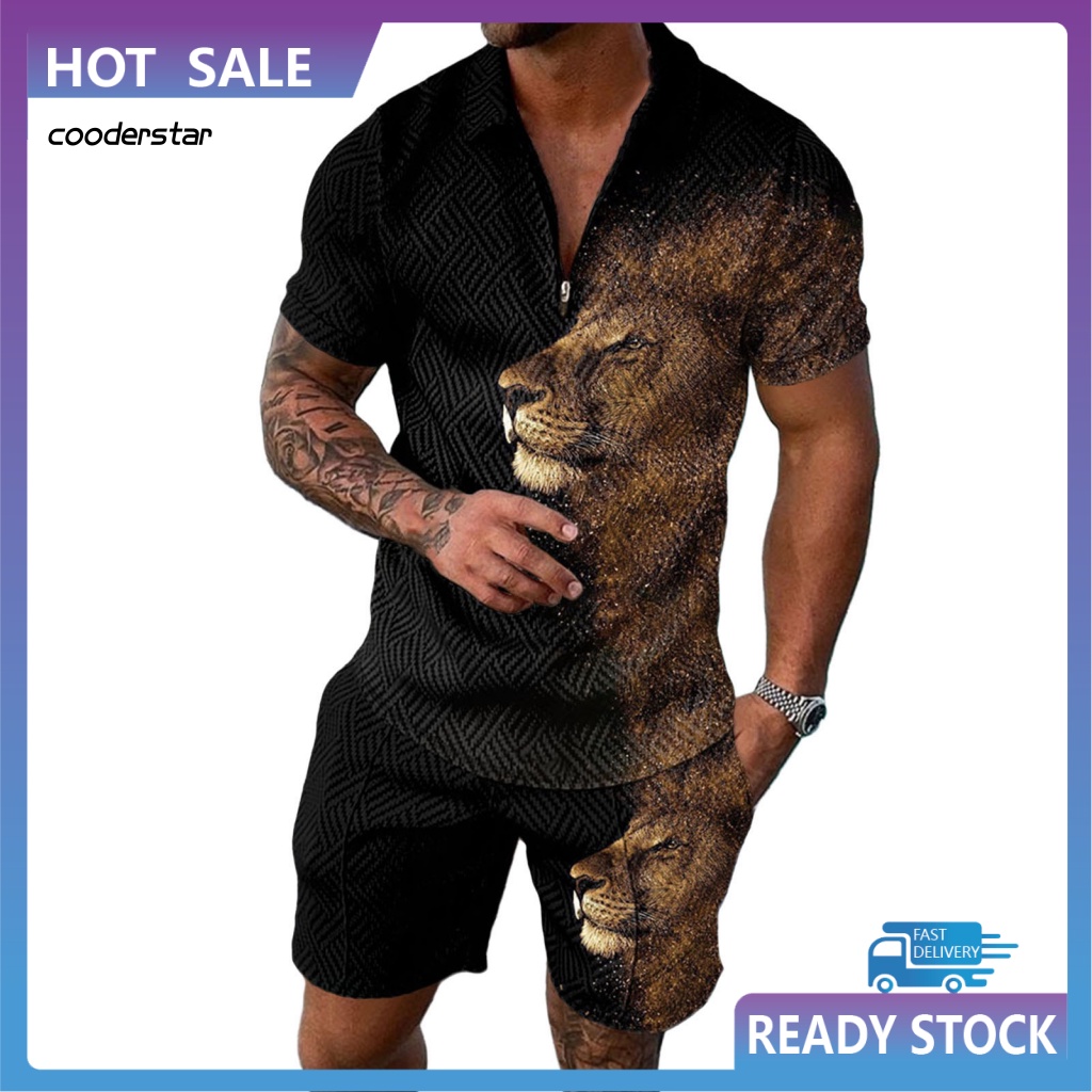 Bộ 2 Món Áo Thun Tay Ngắn + Quần Sooc Dáng Rộng Có Khóa Kéo Thời Trang Cho Nam