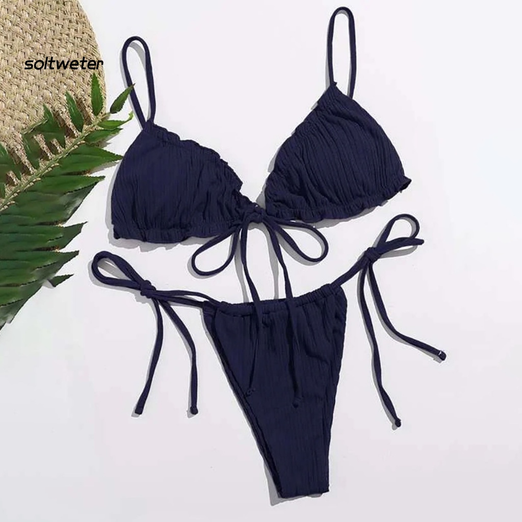 St Bộ Đồ Bơi Bikini Hai Mảnh Hở Lưng Màu Trơn Dành Cho Nữ