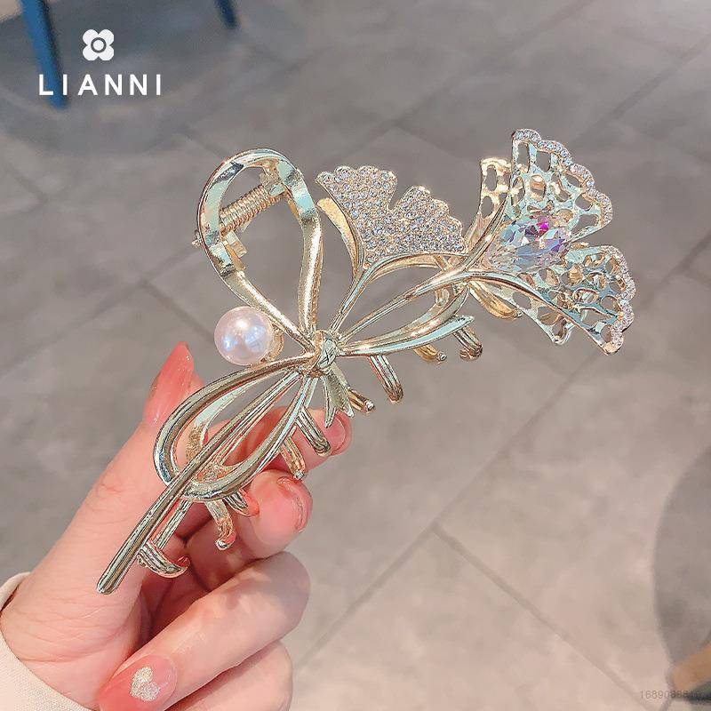 Kẹp Tóc Càng Cua Hình Lá Đính Kim Cương Giả Màu Vàng Thời Trang Cho Nữ