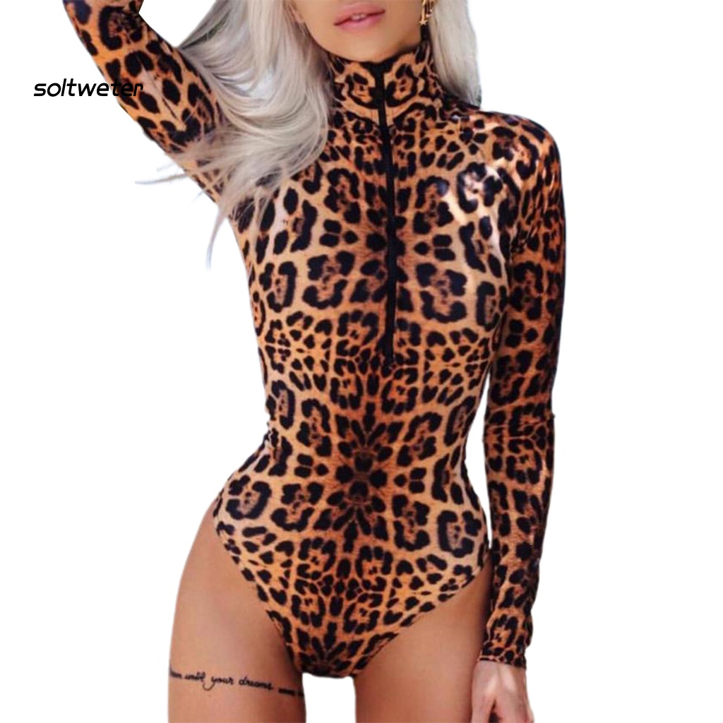 Bộ Đồ Bơi Liền Thân Cổ Đứng Tay Dài In Họa Tiết Da Báo Chất Liệu Mềm Mại Thoáng Khí Thời Trang Quyến Rũ Cho Nữ