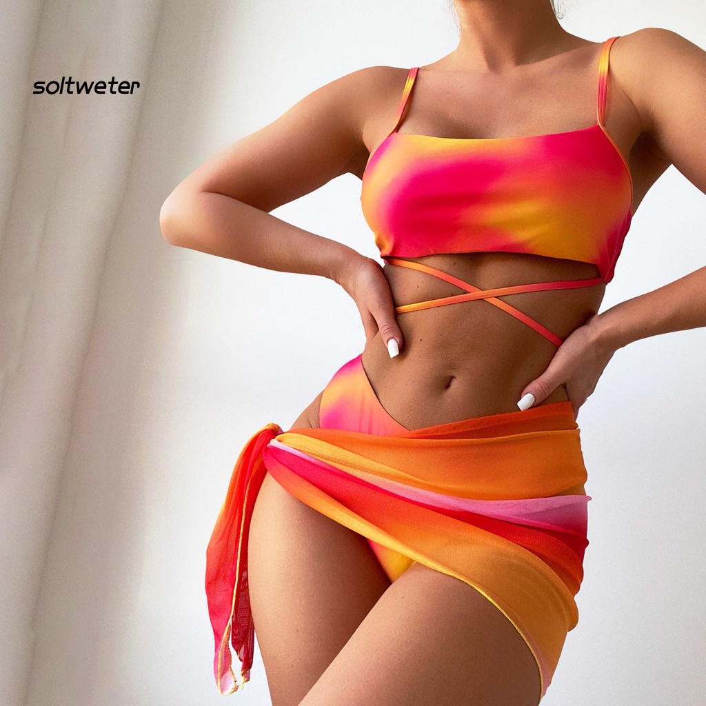 1 Bộ Đồ Bơi Bikini Ba Mảnh Không Gọng Có Mút Nâng Ngực Hở Lưng Nhuộm Màu Thời Trang Mùa Hè Cho Nữ