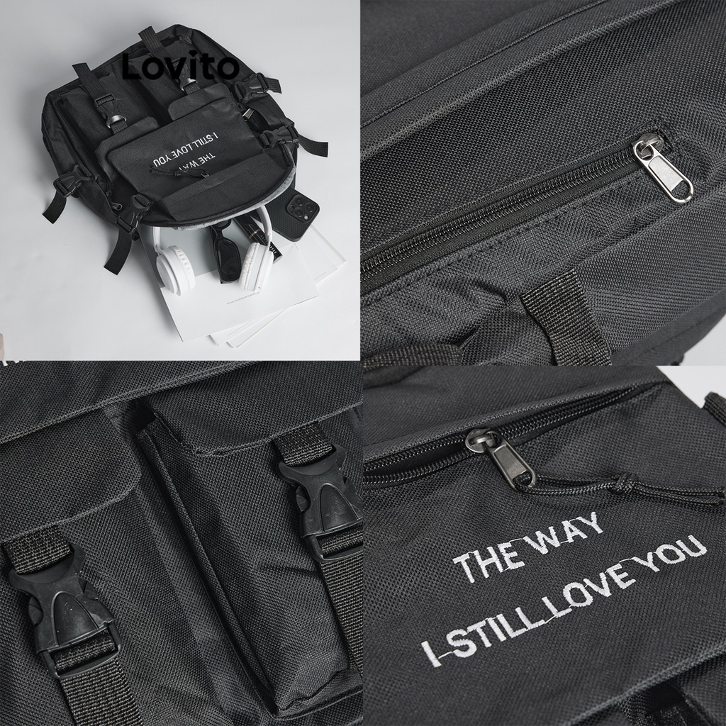 Lovito Ba lô có khóa bỏ túi thông thường có sức chứa lớn dành cho nữ L57AD189 (Tắt Trắng/Đỏ/Đen)