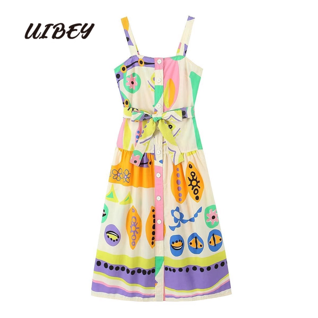 Uibey Đầm Cài Nút In Họa Tiết Thời Trang 2122