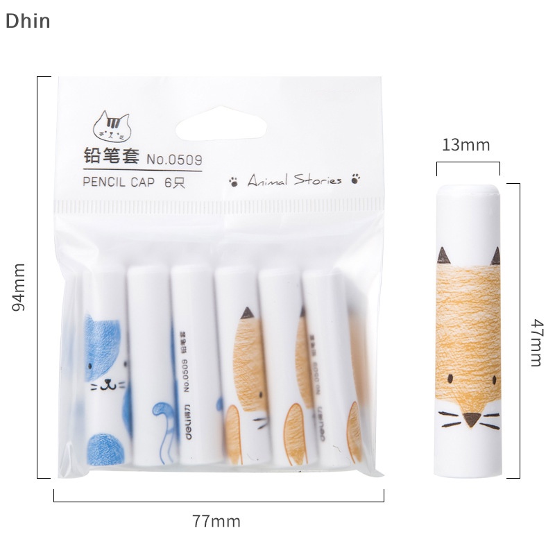 [Dhin] 6Pcs Cute Cat Pencil Cap Pen Cover Kawaii Pencil Extender Korean Stationery Kids Gifts School Office Supplies COD