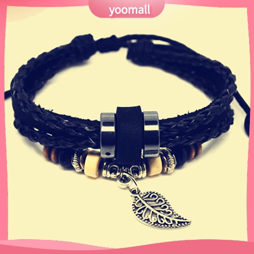 Vòng Tay Giả Da Nhiều Lớp Đính Hạt Và Mặt Hình Lá Có Thể Điều Chỉnh Kích Thước Unisex