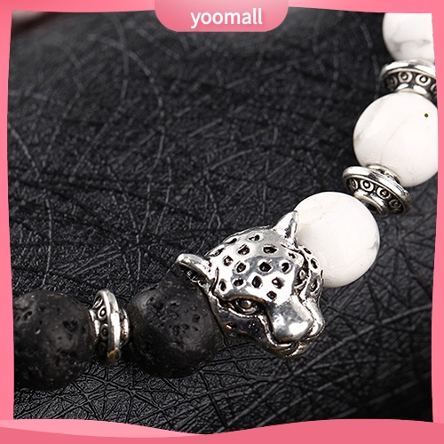 Vòng Tay Chuỗi Hạt Đá Tự Nhiên Mạ Bạc Phối Mặt Hình Đầu Báo Thời Trang Cho Nam Nữ