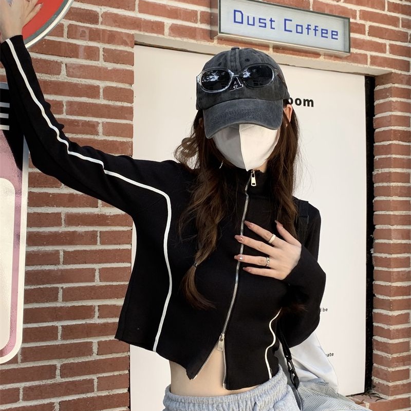 Áo Khoác Phối Khóa Kéo Đôi Màu Tương Phản Phong Cách Mỹ Cổ Điển Thời Trang Mùa Thu Cho