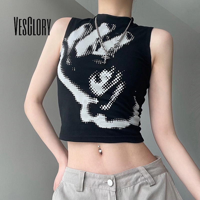Áo Tank Top Sát Nách Cổ Cao In Họa Tiết Bàn Tay Màu Tương Phản Thời Trang 2023 Cho Nữ