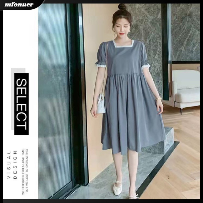 Đầm Midi Chữ A Tay Ngắn Cổ Vuông Dáng Rộng Màu Sắc Đơn Giản Thời Trang Mùa Hè Cho Nữ