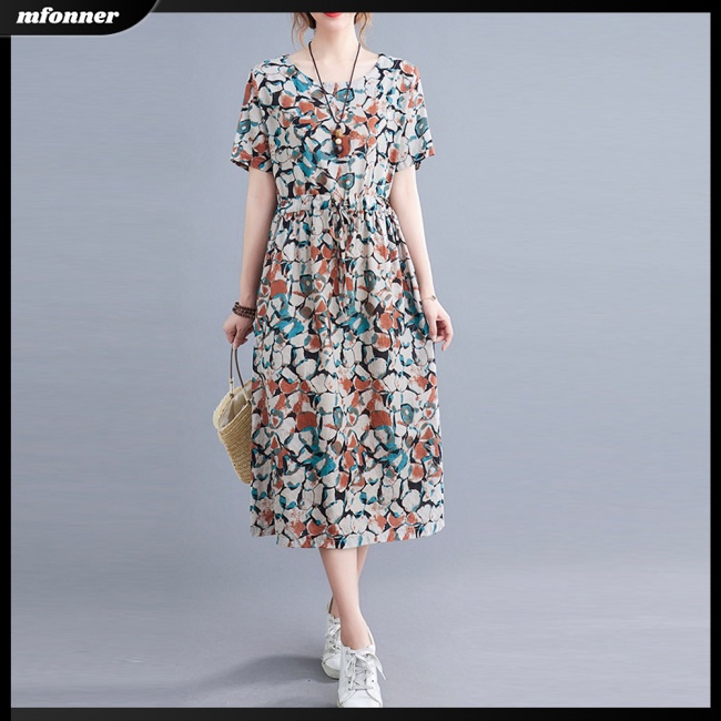 Đầm Midi Dáng Chữ A Tay Ngắn Dáng Rộng Vải Lanh Cotton In Họa Tiết Thời Trang Mùa Hè Cho Bạn Gái