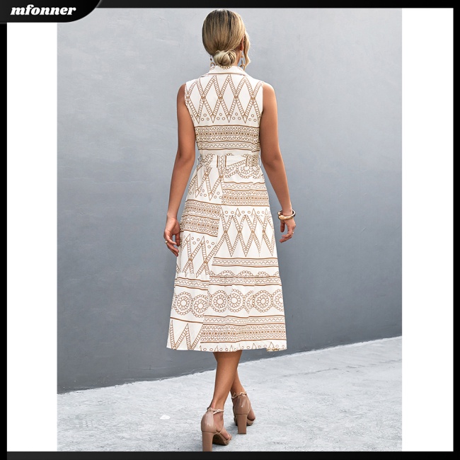 Đầm Dài Dáng Chữ A Sát Nách Cổ Bẻ Thoáng Khí In Họa Tiết Cổ Điển Thời Trang Mùa Hè Cho Nữ