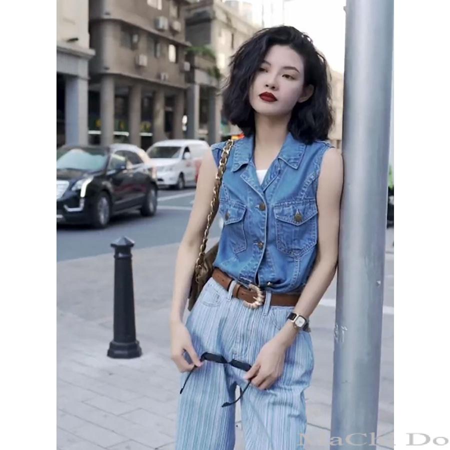 Bộ Áo Denim Sát Nách Ống Cao Kiểu Hồng Kông Thời Trang Mùa Hè 2023