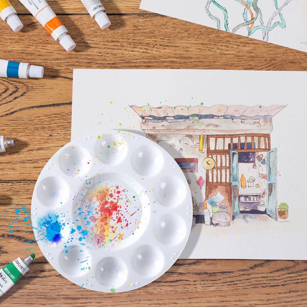 Khay Nhựa Tròn 17cm 10 Lỗ Đựng Phấn Màu Trắng Trơn Mịn Cho Học Sinh