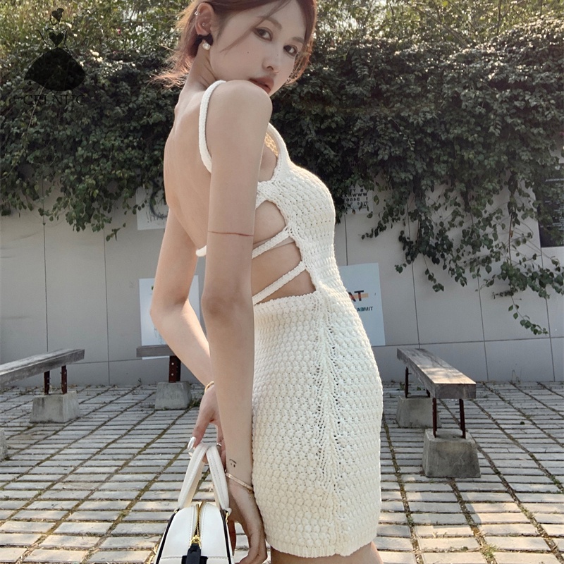 Crlnhc Đầm Dệt Kim Mini Hở Lưng Phong Cách Hàn Quốc Sang Trọng Cho Nữ vn
