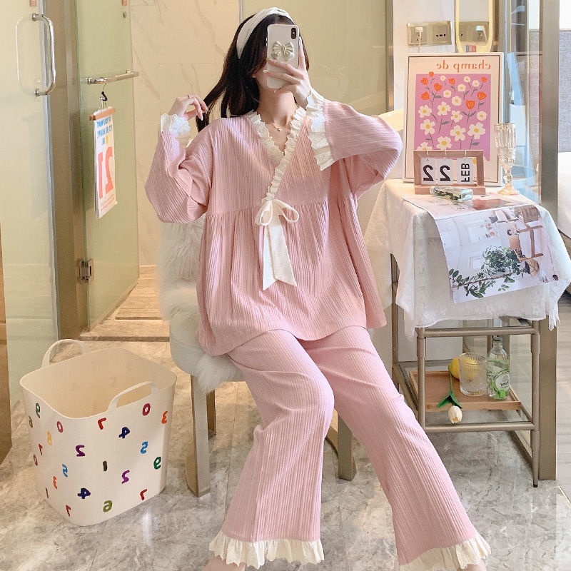 Bộ Đồ Ngủ Tay Dài Phối Ren Plus Size Thời Trang Xuân Thu Cho Nữ