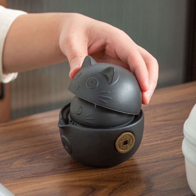 Bộ Ấm Trà Bằng Sứ Hình Mèo Dễ Thương Kèm Túi Đựng Tiện Dụng Mang Theo Du Lịch / Văn Phòng