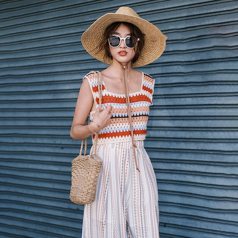 Áo Croptop Dệt Kim Hai Dây Cổ Vuông Họa Tiết Kẻ Sọc Cầu Vồng Phong Cách Cổ Điển Thời Trang Mùa Hè Cho Nữ