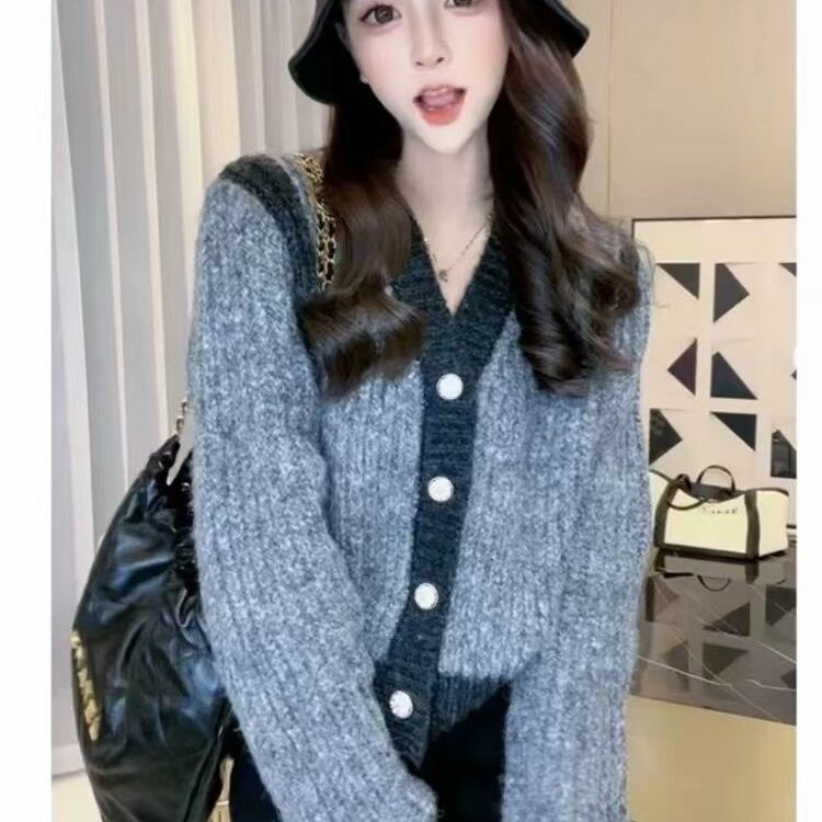 Áo Khoác Cardigan Dệt Kim Dáng Rộng Phối Màu Tương Phản Trẻ Trung Phong Cách Hàn Quốc