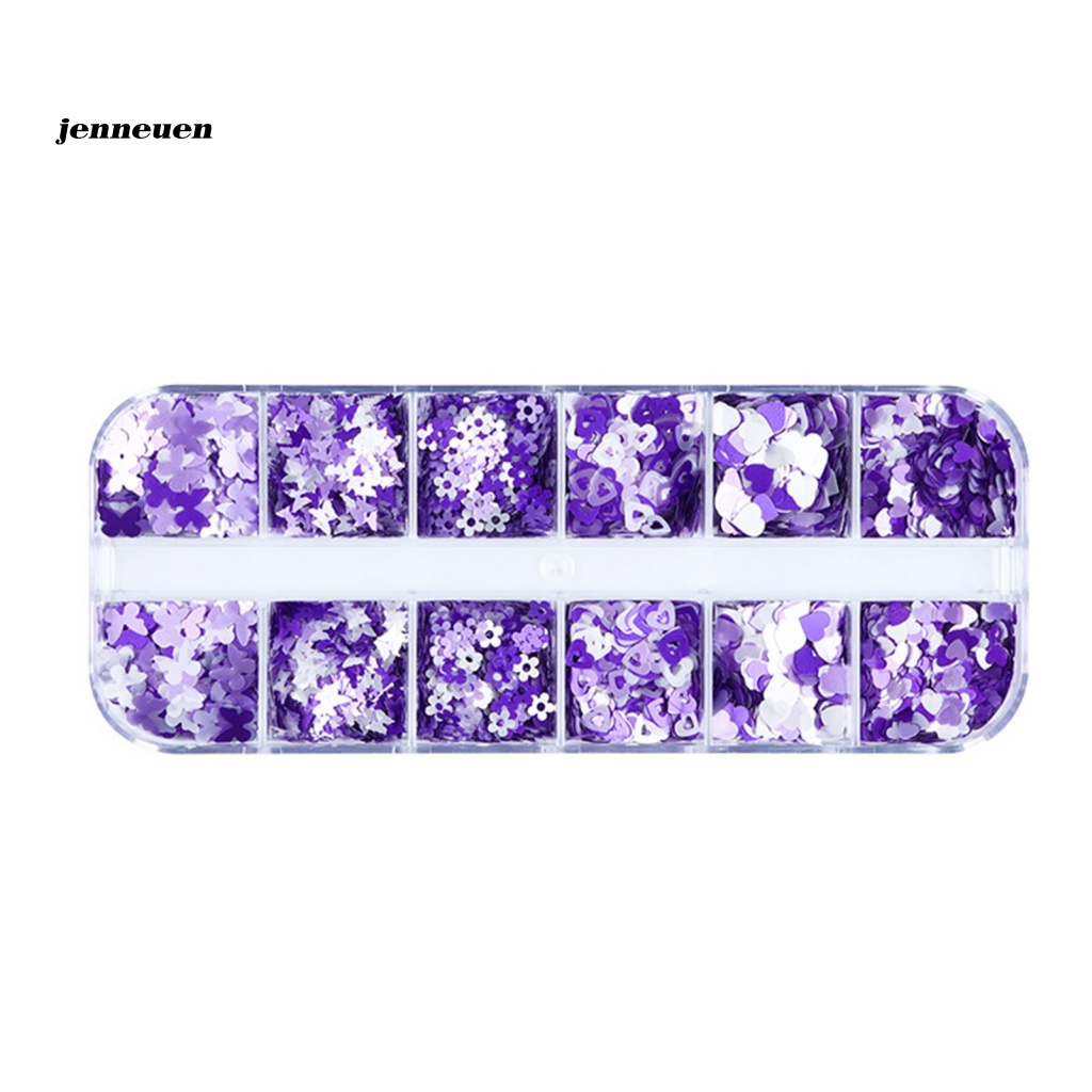 Hộp 12 Ngăn Đựng Hạt Sequin Hình Bướm Màu Tím Dùng Trang Trí Móng Nghệ Thuật