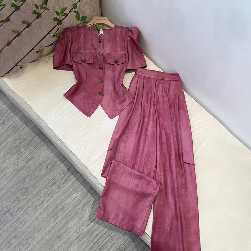 Set Áo Tay Phồng + Quần Dài Ống Rộng Thời Trang Nữ