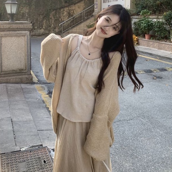 Set Áo Khoác Cardigan Dệt Kim + Áo Tank Top Hai Dây + Chân Váy Lửng Thời Trang Nữ