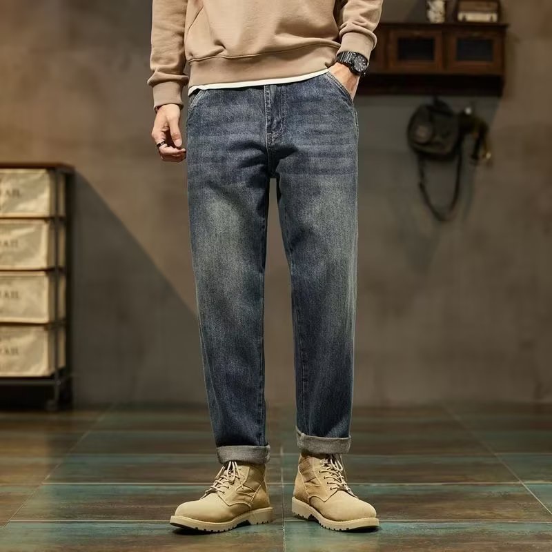 Quần jean ôm retro street style quần jean ống đứng thời trang Màu Trơn quần jean đen nam phong cách Hàn Quốc quần jean ống đứng