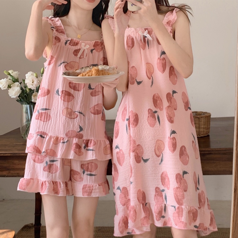 Đầm Ngủ Cotton Hai Dây Co Giãn Họa Tiết Quả Đào Dễ Thương Dành Cho Nữ