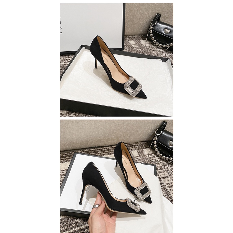 2022 autumn and winter rv all-match suede rhinestone square buckle black high heels women's thin heel pointed professional shoes O8DS