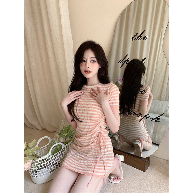 New sweet hot girl striped drawstring short-sleeved dress for girls dress pure style knitted sexy short-sleeved wrap skirt striped slim-fit hip-wrapped dress