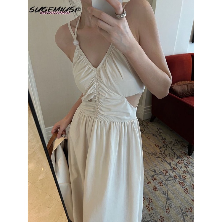 Sugemiusi Hàng Có Sẵn Đầm Hai Dây Dáng Dài Đi Biển Màu Trơn Kiểu Retro Cao Cấp