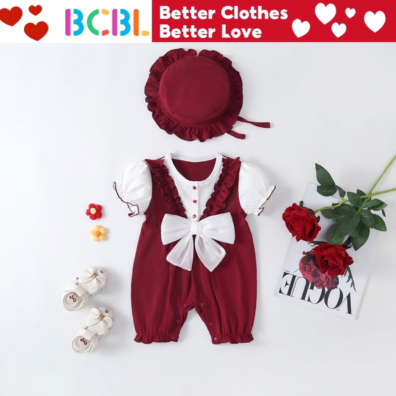 Áo liền quần BCBL tay ngắn màu đỏ kèm mũ dễ thương cho bé gái
