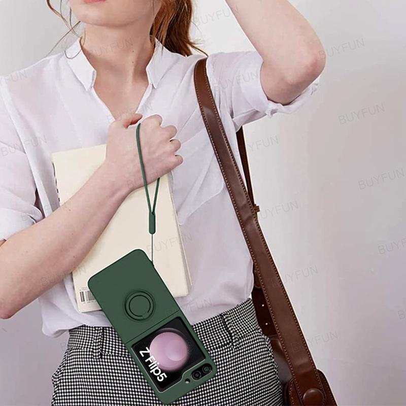 For Samsung Z Flip 5 flip5 5G Liquid Silicone Holder Cover Stand Ring Shell With Lanyard