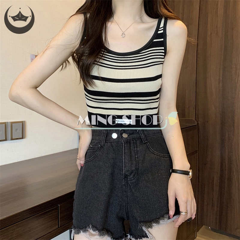 Áo Croptop Dệt Kim Hai Dây Họa Tiết Kẻ Sọc Vintage Thời Trang Mùa Hè Cho Nữ