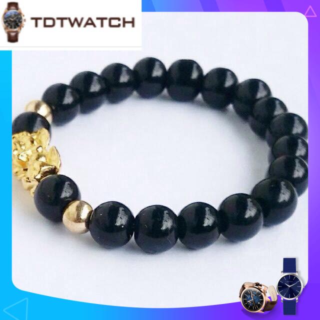 Vòng tay Tỳ Hưu hạt tròn mạ vàng,mang lại may mắn,tài lộc,Hạt đen đều, tròn,phát tài