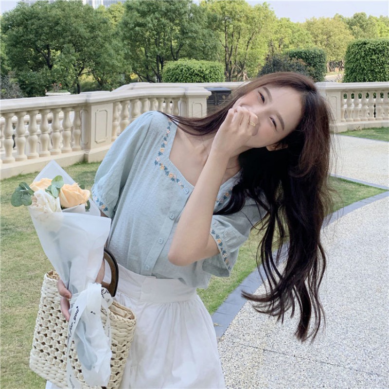Áo Sơ Mi Ngắn Tay Cổ Vuông Thêu Hoa Thời Trang Mùa Hè Dành Cho Nữ