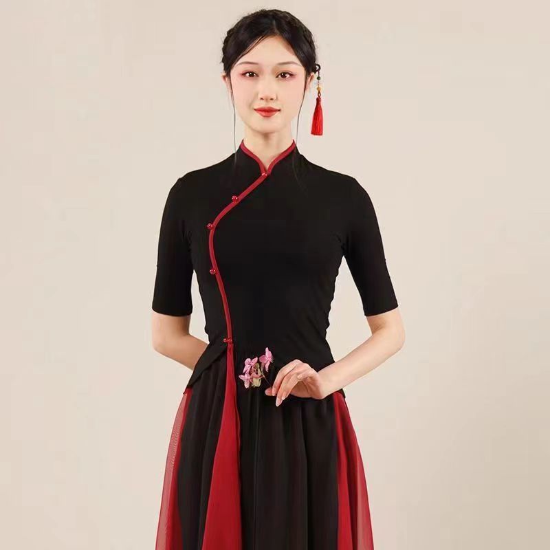 Áo Sườn Xám Ngắn Tay Màu Đen Phong Cách Trung Hoa Cổ Điển Cho Nữ Tập Múa