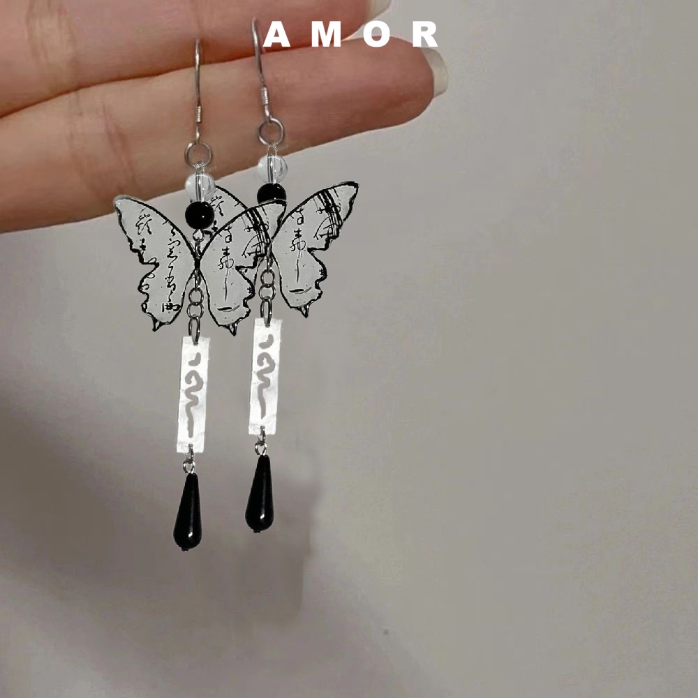 Khuyên Tai Tua Rua Dài Mặt Hình Bướm Vẽ Mực Phong Cách Trung Hoa Mới Dành Cho Bạn Nữ