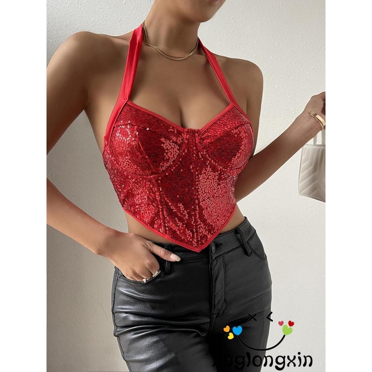 Áo 2 Dây Đính Kim Sa Buộc Dây Hở Lưng Gợi Cảm Cho Nữ