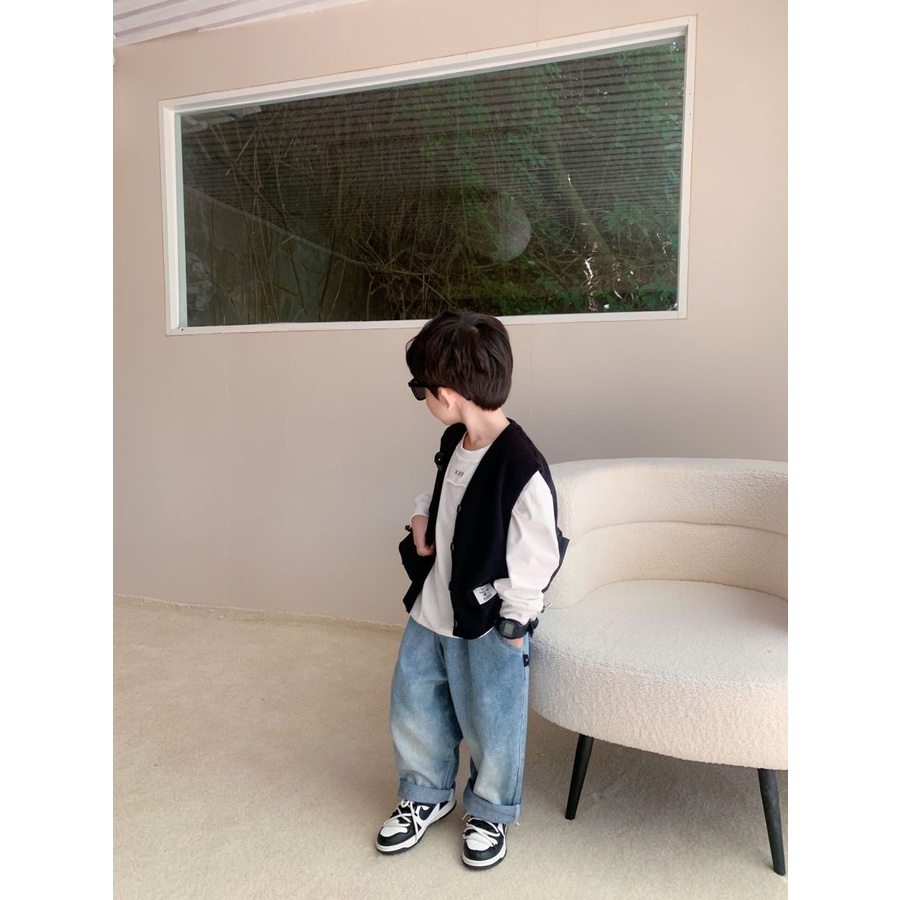 Áo Cardigan Dệt Kim Cổ Tròn Không Tay 90-150cm Phong Cách Nhật Bản Cho Bé Trai