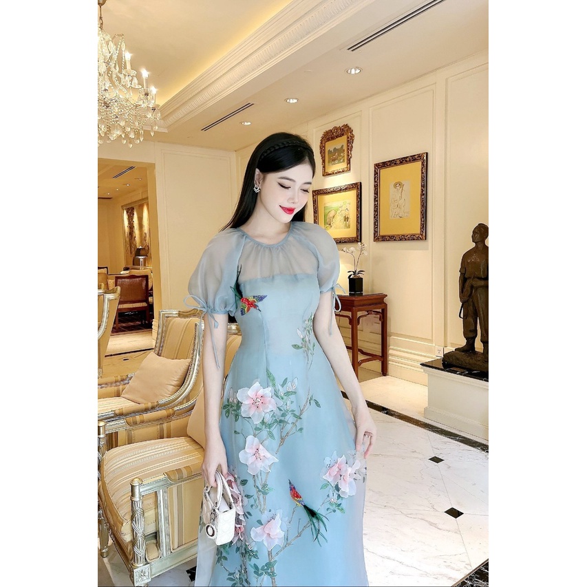 Áo dài cách tân cổ tròn đính kết hoa chất liệu organza cao cấp -  Xưởng Áo Dài Cách Tân - AD54
