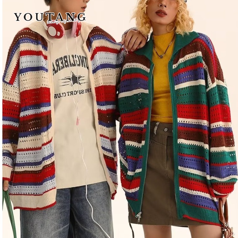 Youtang Áo Khoác cardigan Dáng Rộng Có Khóa Kéo Màu Sắc retro Mỹ Giản Dị Dành Cho Cặp Đô