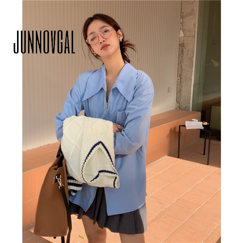 Junnovgal women 2023 thời trang mới áo sơ mi xanh cao cấp của pháp với áo sơ mi dài sang trọng
