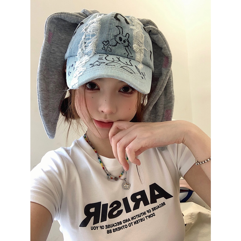 Mũ Bóng Chày Cao Bồi Đính Tai Thỏ Graffiti Phong Cách Cao Bồi Cho Nữ