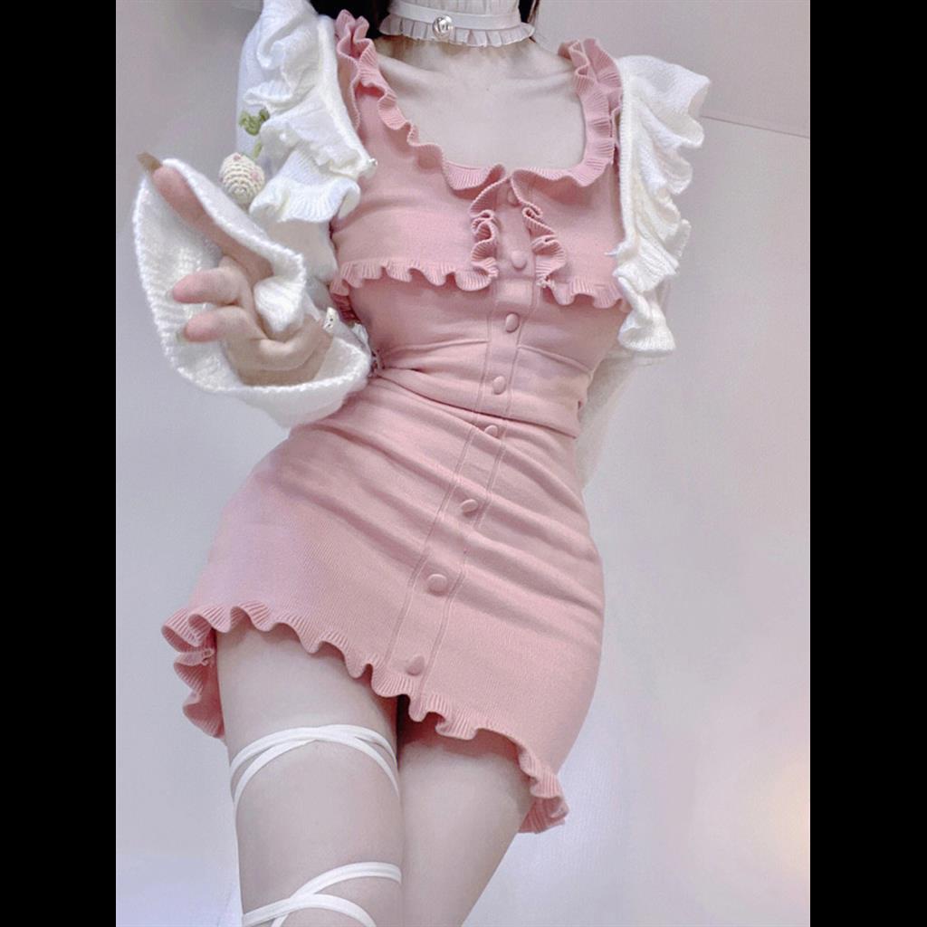 Váy dệt kim màu hồng Áo len dài tay màu be Đan Cardigan